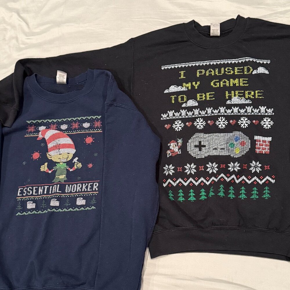 Holiday Sweatshirt Bundle – Essential Worker Elf + Gamer Ugly Christmas Sweater